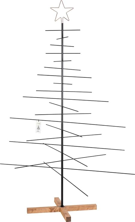 FairyTrees Árbol de Navidad de Metal, Negro, con Soporte de Madera, 180 cm, FT-30