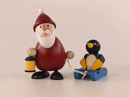 Ulrich Kunsthandwerk Figura de Navidad de Papá Noel con trineo y pingüino, altura 9,5 cm