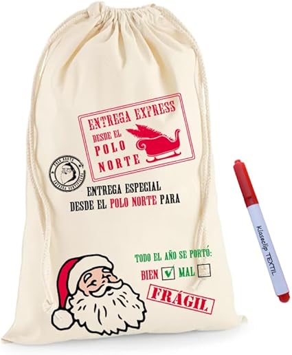 Saco Reyes Magos Personalizado con Nombre - Regalos Navidad Personalizados - Saco de Navidad para Regalos (Papá Noel Pon tu Mismo el Nombre, L: 40x50)