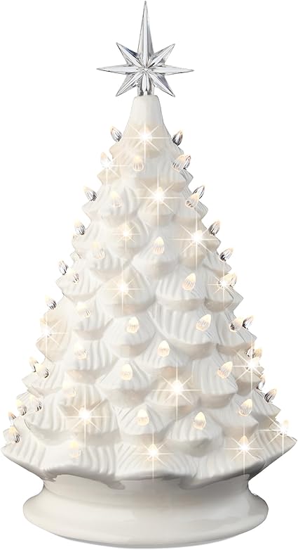 Best Choice Products Árbol de Navidad grande de cerámica de 18 pulgadas, decoración navideña preiluminada pintada a mano con cable de alimentación, 2 adornos de estrellas, 93 bombillas blancas