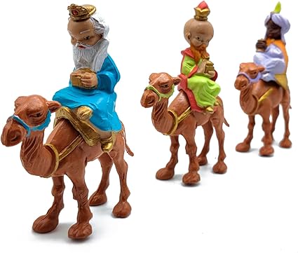 ACAN Tradineur - Set de 3 Figuras de los Reyes a Camello para belén - Fabricado en durexina - Figura Decorativa Divertida para Nacimiento, Navidad, decoración Tradicional - 8 x 4 x 12,5 cm