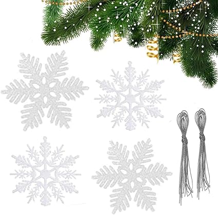Ylinwtech 30 Piezas Copos de Nieve para árbol de Navidad,Copos de Nieve Decorados Blancos,Copo de Nieve Navidad Plástico Colgante,Adecuado para Decoración de Árboles Navidad,con Cordón, 7.5CM