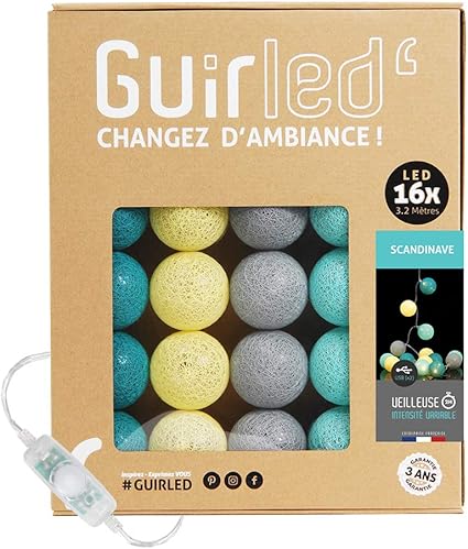GuirLED - Guirnalda luminosa bolas de algodón LED USB- Luz de noche para bebé 2h - Adaptador de corriente dual USB 2A incluido - 3 intensidades - 16 bolas 1,6m - Escadinava