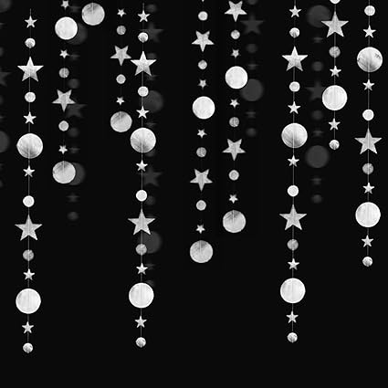 VIKSAUN 65 Pies Guirnalda Estrella de Papel Colgante, Guirnalda de Papel Redonda, Juego de Guirnaldas Doradas, Banderines Estrellas Reflectante Estrella de Papel para Decorar Cumpleaños (Plata)