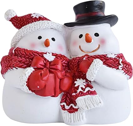 Frontones Decorativos Estatuilla De Muñeco De Nieve De Navidad Muñeco De Nieve De Resina De Invierno Adorno De Estatua De Mesa con Sombrero De Copa Gorro De Papá Noel Y Bufanda (White, 8X7.5cm)