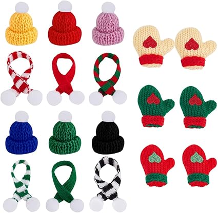 WEBEEDY 24 piezas de adornos de Navidad, mini sombreros de Papá Noel, bufanda de Navidad y guantes de punto, accesorios de manualidades, decoración para botella de Navidad, taza, muñeco de nieve,