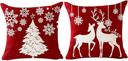 NIDITW Juego de 2 fundas de cojín cuadradas decorativas de arpillera de algodón con diseño de árbol de Navidad, ciervo, copo de nieve, para sofá, sala de estar, 18 pulgadas (rojo oscuro)