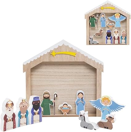 ROCKING GIFTS Belén de Madera con 10 Piezas, Nacimiento Niño Jesús con Reyes Magos, Figuras Adorables, Decoración de Navidad, 32x3x31cm