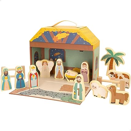 WOOMAX - Portal de Belén de Madera Infantil, 15 Piezas, Impresión a Doble Cara, Fácil de Montar y Desmontar, Nacimiento Navidad, Pesebre, Reyes Magos, para niños +3 años, Decoración navideña (47392)