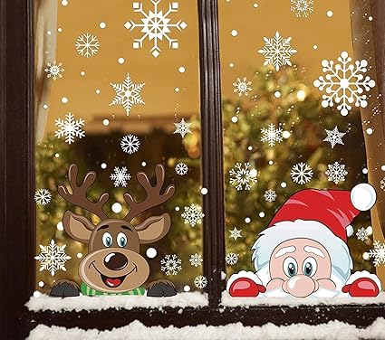 LOKIPA Pegatinas para ventana de Navidad, 6 hojas de Papá Noel y Rudolfo para ventana de Navidad