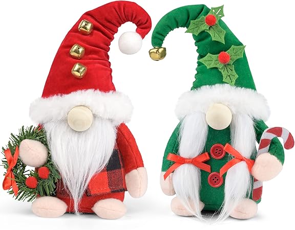 D-FantiX Decoración de gnomos de Elfo, 2 Unidades Hechas a Mano de Tomte Sueco, gnomos de nórdicos de felpa con Corona, muñeca de Elfo de Navidad con Adornos de Campana para decoración del hogar