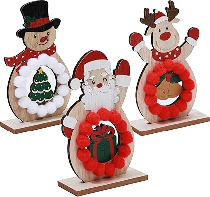 COCHIE 3 soportes decorativos para Navidad de madera, figuras de Navidad, renos, Papá Noel y muñeco de nieve con bola de pelo, juego de decoración de Navidad para decoración de mesa y decoración de