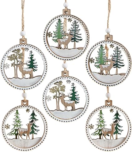 Logbuch-Verlag Pack de 6 Adornos navideños Colgantes de Madera diseño Invernal Colores Verdes, Blancos y Dorados 6,5 cm - Adornos navideños de Madera