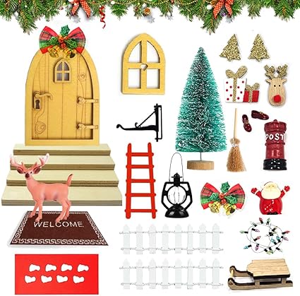 Accesorios para Puerta de Gnomo de Navidad,28 Piezas Miniatura Adornos Navideños Kit,Puerta Elfo Navidad,Juego de Puerta Gnomo,Wichteltür Set,Wichteltür Zubehör