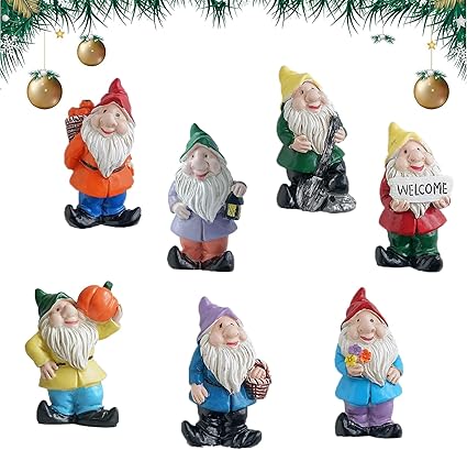 Yoaeyok 7 Piezas Adornos en Miniatura de Navidad, Elfo Gnomo Navidad Decoración Figuritas de Papá Noel Mini Adornos Navidad de Resina Micro Paisaje Navideño para Decoración de Fiesta de Jardín