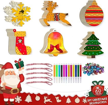EIKEJI Colgante de madera para pintar Navidad, 376 unidades, manualidades para niños, Navidad, adornos para pintar, árbol de Navidad, colgante de madera, decoración navideña de madera.