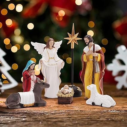 KDVOG Juego de 7 juegos de belén coloridos, pesebre de Navidad con estrellas de luz LED, figuras de belén esculpidas pintadas a mano, adornos de resina para Navidad en interiores