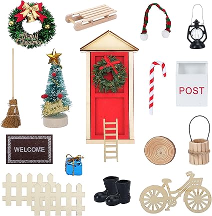 HASUDEI 19PCS Kit Puerta Elfo Navidad Accesorios de Puerta De Elfo Navidad Elfos Gnomo Navidad Ángeles Navidad Puerta en Miniatura Casa Mágica Navideñas con Corona Escoba Y Árbol Navidad