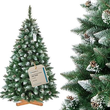 FairyTrees árbol de Navidad Artificial 180cm Pino con el Soporte de Madera | árbol Artificial Blanco nevado| Fabricado en EU