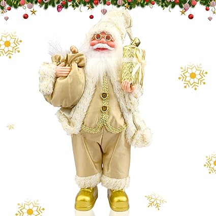 Navidad Santa Figura Adornos, 30cm De pie Stanta Muñeca Decoración Muñeca de Navidad de colección Figurita de Papá Noel realista para decoración de mesa,regalo de festival,decoración de hogar(Dorado)