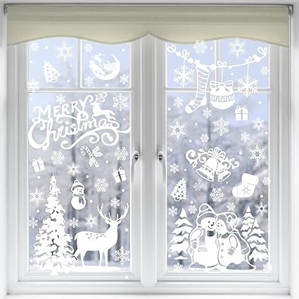 VEYLIN Decoración de ventana de Navidad, 141 calcomanías estáticas de copos de nieve, calcomanías de ventana de Feliz Navidad para suministros de fiesta de Navidad (8 hojas)