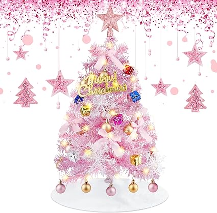 Winthai Mini árbol de Navidad rosa, 24 pulgadas, pequeño árbol de Navidad artificial, rico árbol de Navidad ornamental, mesa de árbol de Navidad en miniatura para cocina de Navidad, decoración de mesa