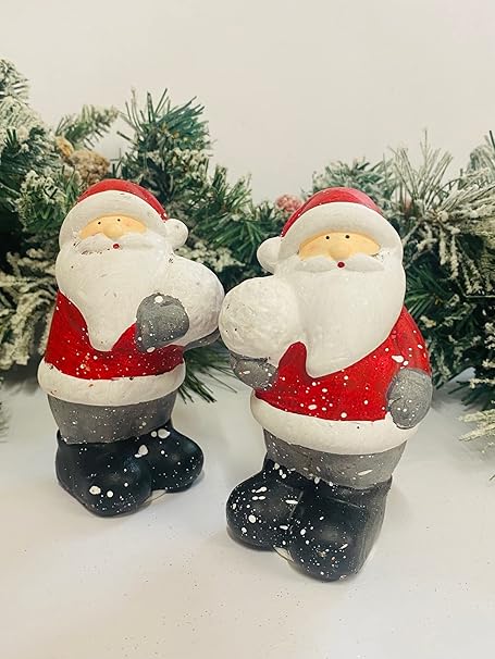 Mezzaluna Gifts Muñecos de Nieve o Papá Noel con Bola de Nieve/Estrella y árbol Adornos de Navidad de cerámica ~ Juego de 2 (Santas con Bolas de Nieve)