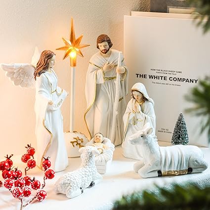 LiuSuper Figuras de belén para Navidad en interiores, primera historia de Navidad, esculpida pintada a mano, decoración de vacaciones, escenas de mesa, decoración del hogar, juego de 7 piezas