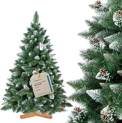 FairyTrees árbol de Navidad Artificial 150cm Pino con el Soporte de Madera | árbol Artificial Blanco nevado| Fabricado en EU