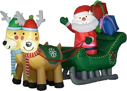 HOMCOM Decoración Inflable de Navidad Papá Noel con Trineo y 2 Renos Decoración Navideña con 4 Luces LED para Jardín Patio 210x70x125 cm