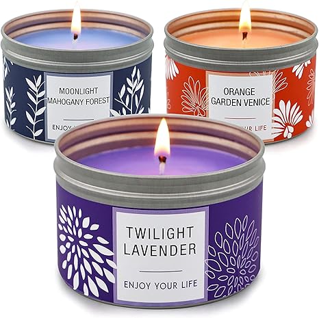 Velas aromáticas larga duración, 100 horas, Juegos de regalo de velas de tarro de soja y altamente perfumadas, paquete de 3, 4.6 oz, lavanda | Azahar | Vela de caoba 