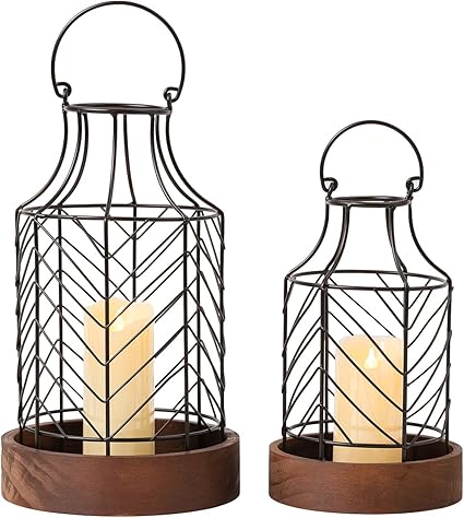 Juego de 2 faroles rústicos de granja, faroles decorativos para sala de estar, cocina, comedor