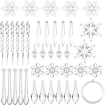 FEPITO 85 Piezas Decoración navideña Acrílico Copo de Nieve Carámbanos Árbol de Navidad Carámbano Copo de Nieve con Adornos de línea de Cristal Set para Decoraciones de Fiesta de Navidad