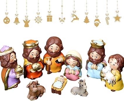 Abonda belén para Pascua, 10 adornos resina para escena pesebre, juegos figuras Jesús con figuras la Virgen María, estatua Belén para interiores y exteriores