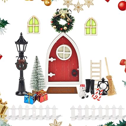 Vibbang 19 Piezas Kit Puerta Elfo Navidad Decoración, Elfo Navidad Muñeco, Elfo Puerta Accesorios Navidad, Miniatura Casa de Muñecas Decoración con Botas Buzón Escoba Guirnalda