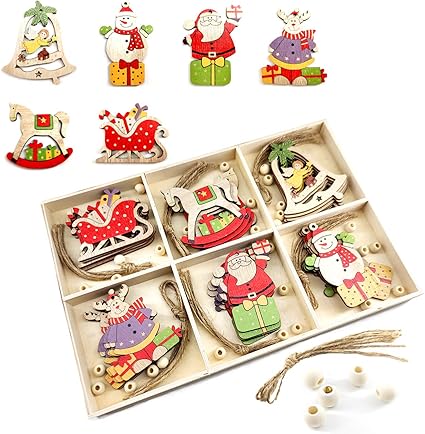 30 Paquetes de Adornos navideños para Colgar, Adornos con Acabado de Madera, Papá Noel Elk Muñeco de Nieve Trojan Bell Kit Árbol de Navidad Regalo de Fiesta en la Pared Decoración de Bricolaje