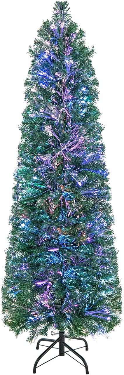 COSTWAY 150cm Árbol de Navidad Artificial de Fibra Óptica, 190 Luces LED, 361 Puntas de Rama, Árbol de Navidad en Forma de Lápiz Preiluminado, Soporte de Metal Plegable, Navidad Decoración (150cm)