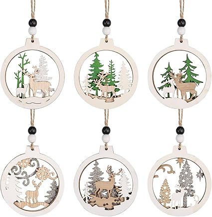 6 Piezas Adornos Navideños de Madera, Decoración Navidad Reno Colgante Navideño de Madera para Decoraciones de Árboles de Vacaciones de Navidad de Invierno
