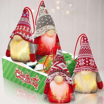 KMUYSL Adornos de gnomo de Navidad, paquete de 4 decoraciones de árbol de Navidad hechas a mano con adornos de gnomos suecos de Papá Noel, luces escandinava, mesa de elfo de felpa escandinava,