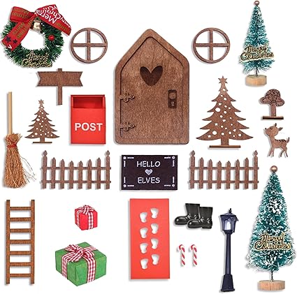 LIAMERHE 25PCS Kit Puerta Elfo Navidad Decoración, Puerta de Duende de Navidad Accesorios Miniatura Casa Navideños, Juego de Regalo Manualidades Navidad para Niños (25pcs)