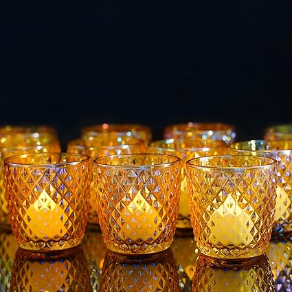 Juego de 12 candelabros votivos coloridos de color dorado a granel de 7,5 cm de vidrio mejorado para velas de candelita para centro de mesa de boda, fiesta de cumpleaños, decoración de Navidad