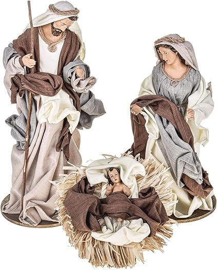 Magie di Natale Natividad completa para belén de tela, juego de 3 estatuas de decoración navideña h 36 cm (gris y crema)