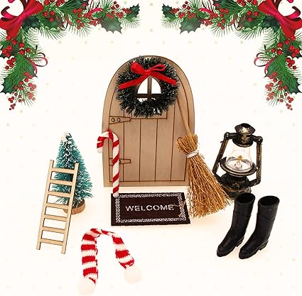Dorzu Wichteltür Zubehör Weihnachten,Weihnachtswichtel Tür Set Feürr aus Holz mit 10 Zubehör, Stiefel Laterne Weihnachtsbaum Dekokranz Holzleiter Wichtelbesen
