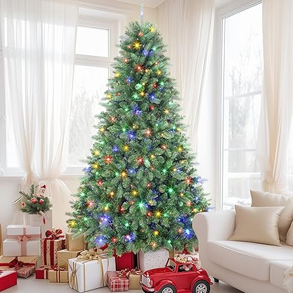 SHareconn 180 cm Arbol de Navidad Artificial con Luces Led, con 1018 PE y PVC Puntas de Rama, con 330 Luces Blancas Cálidas & Multicolores y 8 Modos de luz, Soporte de Metal Plegable, Montaje Rápido