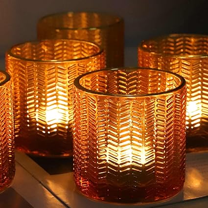 VOHO Portavelas votivas de trigo para velas navideñas, juego de 6 candelabros de cristal con borde dorado, candelabros votivos ámbar para centro de mesa (2.75 x 2.75 pulgadas, ámbar dorado)