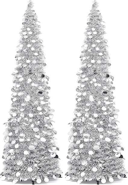 Leyndo 2 lápices de árbol de Navidad artificiales plegables de 5 pies para árbol de Navidad, oropel delgado plateado con lentejuelas, para decoración del hogar