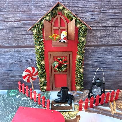 Bseical Puerta Ratoncito Perez con Apertura, Puertas Elfo Navidad De Madera, Casa De MuñEcas En Miniatura, Hogar del ÁRbol De Navidad, Guirnalda, Luces Led Navidad DecoracióN Casa