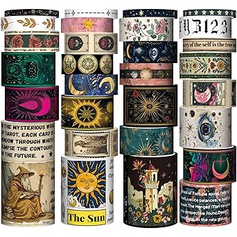 Forwaarss Juego de 29 rollos de cinta washi, tarjetas de tarot, cinta decorativa, signo del zodiaco, planetas, numerología, cinta adhesiva de colores para scrapbooking, accesorios de diario basura