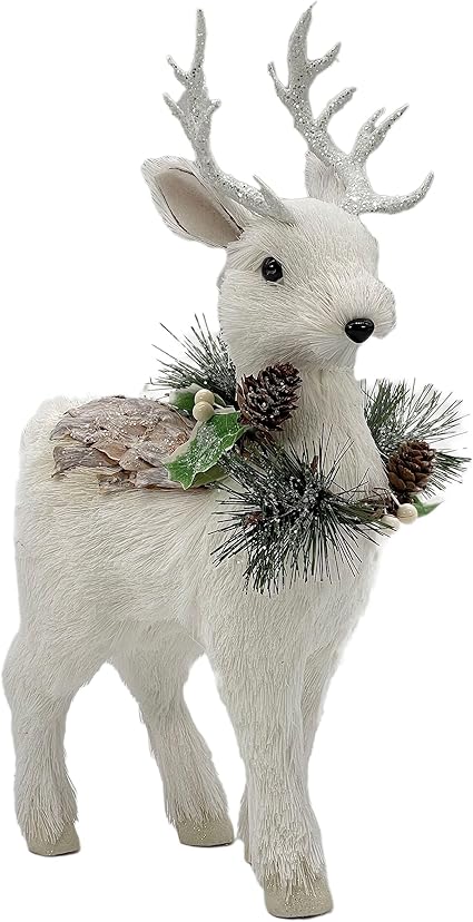 Galt International Figura decorativa de reno de Navidad blanca de 14 pulgadas, guirnalda de piñas con purpurina de Papá Noel, ciervo, decoración de mesa de Navidad, hecha a mano, decoración de