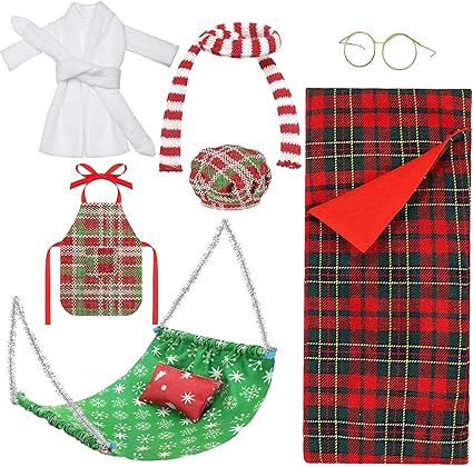 8pcs Accesorios Elfo Navidad,Incluye Saco de Dormir, Hamaca, Vasos, Albornoz, Delantal, Bufanda, Almohada, Gorro de Chef,Accesorios de Duendes Navideños